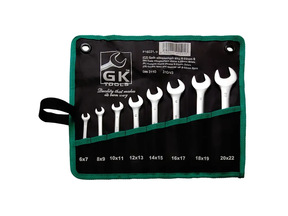 Kvalitní produkt - GK TOOLS Sada plochých klíčů, chrom 6-22 mm, 8 dílů, textilní obal
