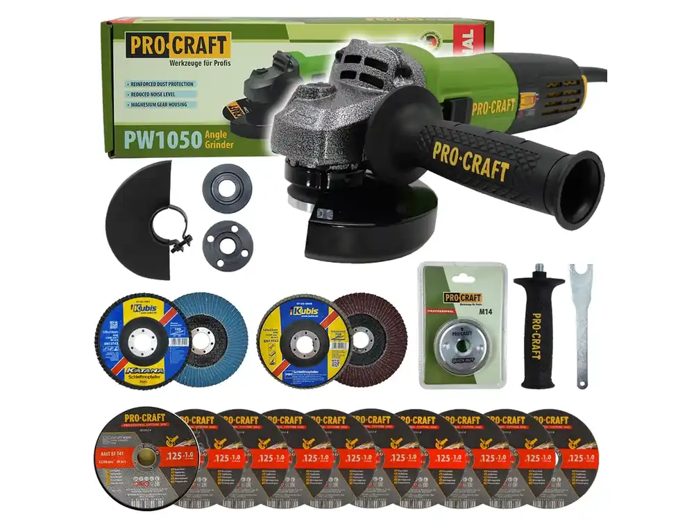 Ušetřete nyní | Bruska úhlová Procraft PW1050 + rychloupínací matice, 10x řezný kotouč, 2x lamelový kotouč SPW1050/RM14
