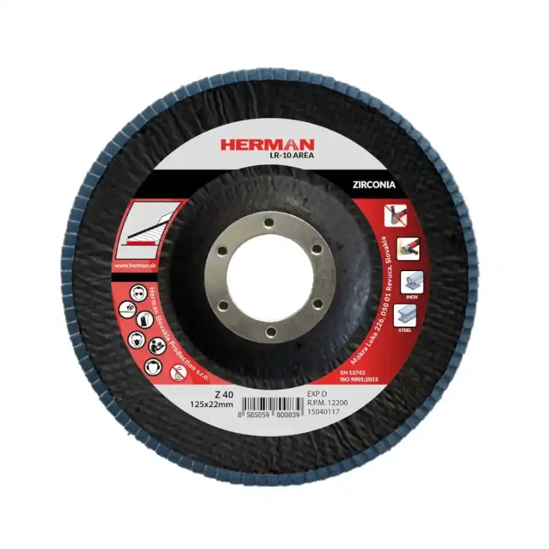 Prémiová kvalita | HERMAN Lamelový kotouč na nerez 125 mm/P40 LR-10 Area zirconia