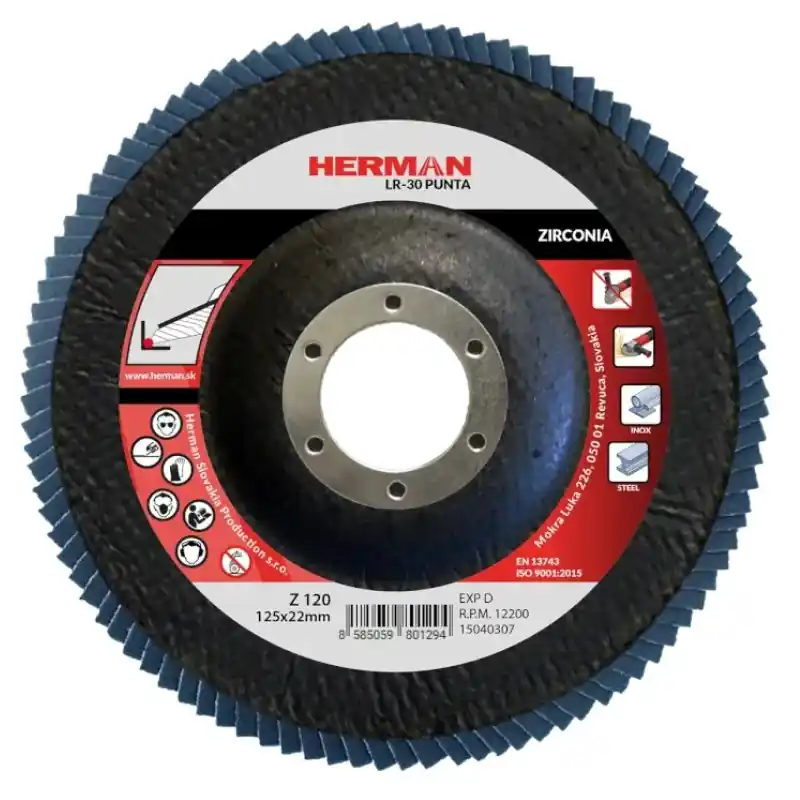 HERMAN Lamelový kotouč na nerez 125 mm/P120 LR-30 Punta zirconia - Doprodej zásob