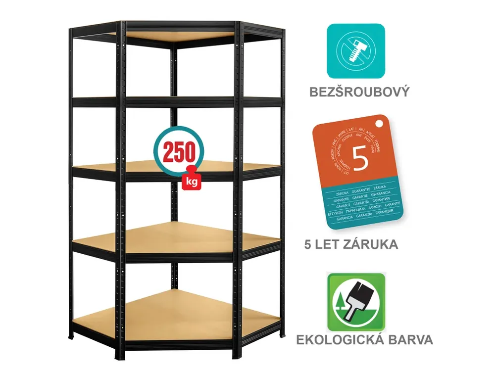 Nově v nabídce - Kovový bezšroubový regál FUTUR rohový, 180 x 70 x 30 cm, 5 polic, MDF, nosnost 250 kg, černý