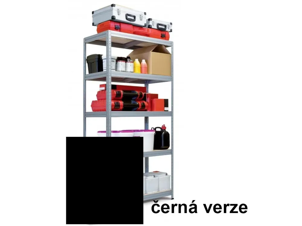 Kovový bezšroubový regál FUTUR, 180 x 90 x 45 cm, 250 kg/pol., 5 MDF polic, černá | Akční sleva