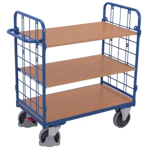 Policový vozík s madlem, mřížové bočnice, 3 police, Variofit, ložná plocha 100 x 70 cm, do 500 kg, modrá/antracit - Poslední dny akce