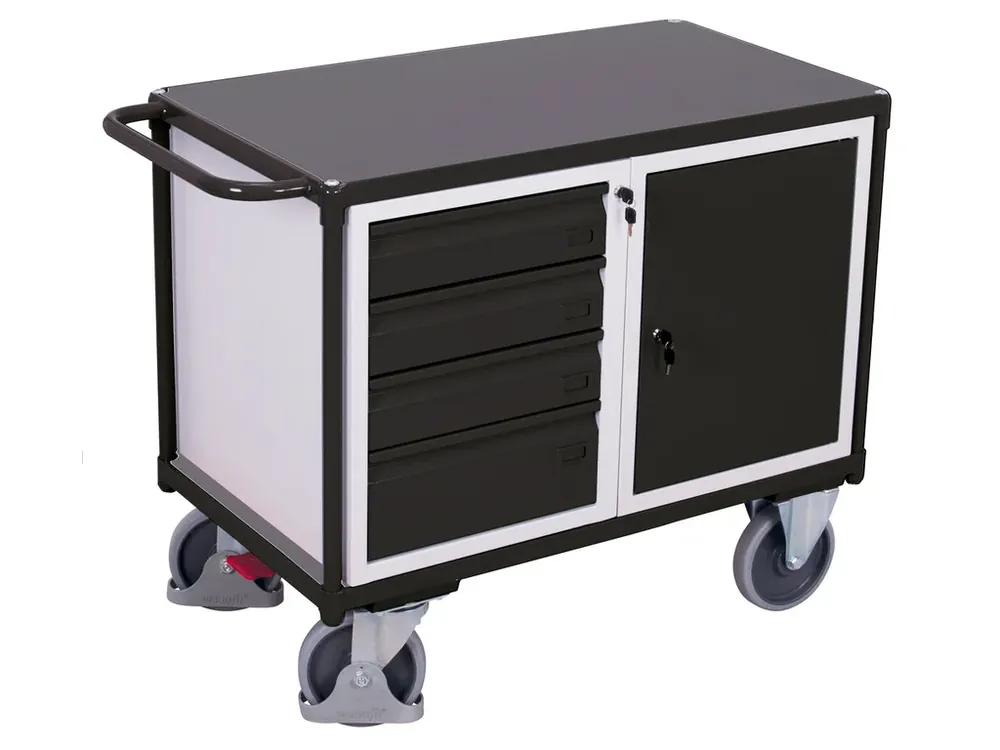 Dílenský vozík, 4 zásuvky a skříňka, Variofit, do 500 kg, š x h x v 119 x 60 x 93 cm, modrá/antracit - Populární