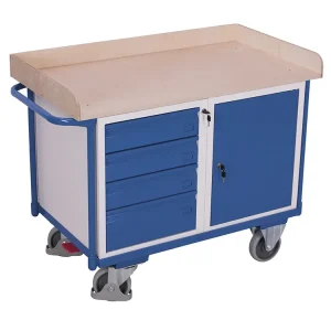 Dílenský vozík, 4 zásuvky a skříňka, Variofit, do 400 kg, š x h x v 122 x 64 x 95,5 cm, modrá/antracit | Skvělá cena
