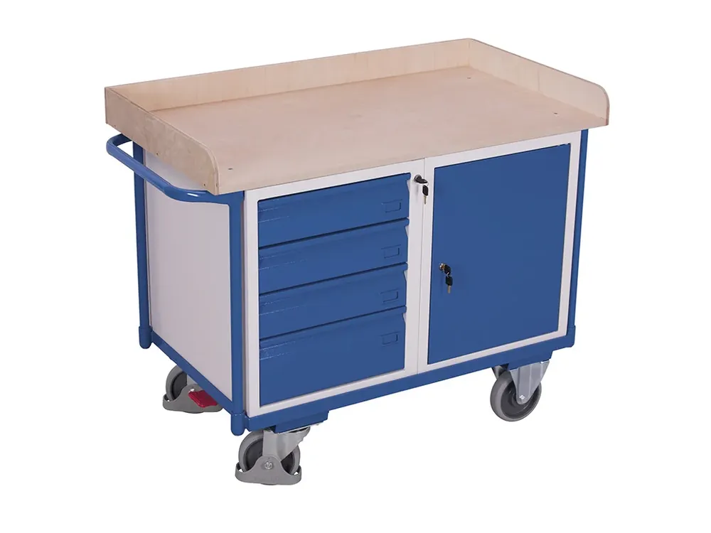 Dílenský vozík, 4 zásuvky a skříňka, Variofit, do 400 kg, š x h x v 122 x 64 x 95,5 cm, modrá/antracit | Skvělá cena