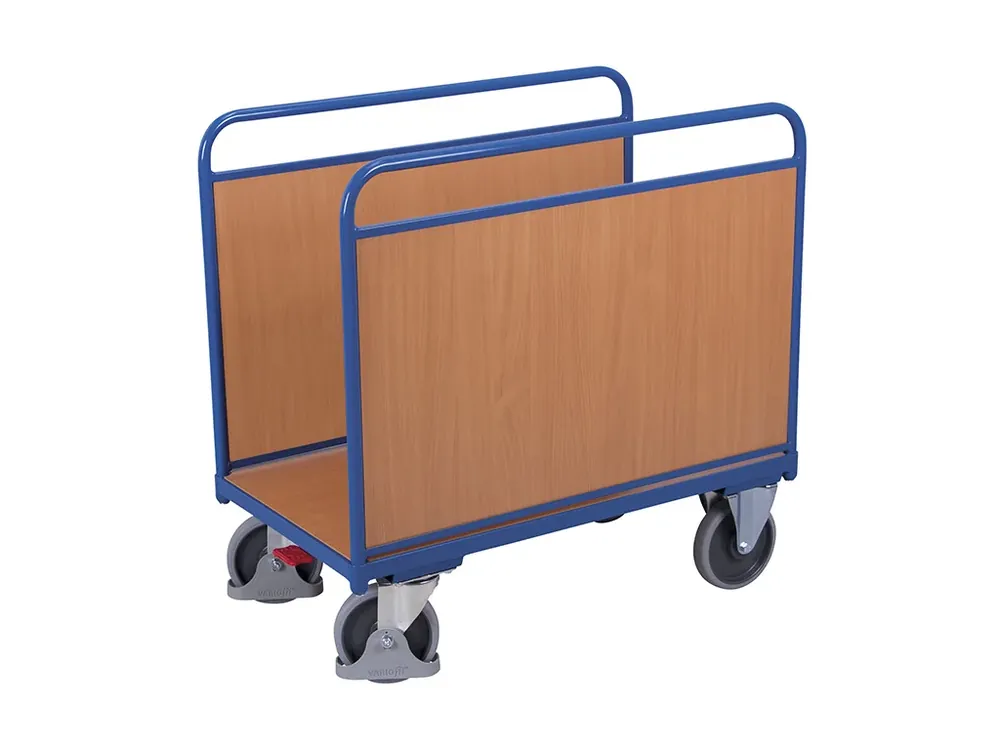 Plošinový vozík se dvěma plnými stěnami, Variofit, ložná plocha 100 x 54 cm, do 400 kg, modrá/antracit - Vysoká kvalita