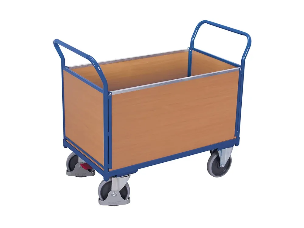 Plošinový vozík se dvěma madly a bočními stěnami s plnou výplní, Variofit, ložná plocha 100 x 65 cm, do 500 kg, modrá/antracit - Oblíbený u zákazníků