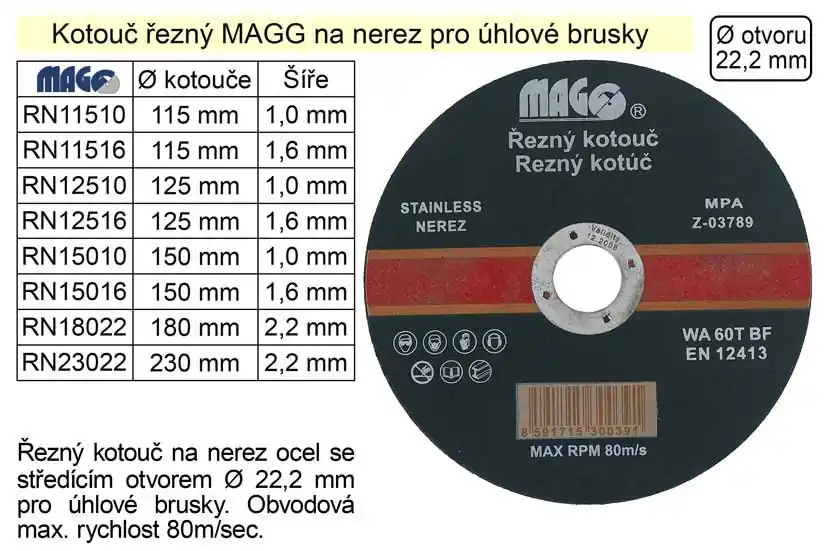 Kotouč řezný na nerez 125x1,0mm MAGG | Připraveno k odeslání