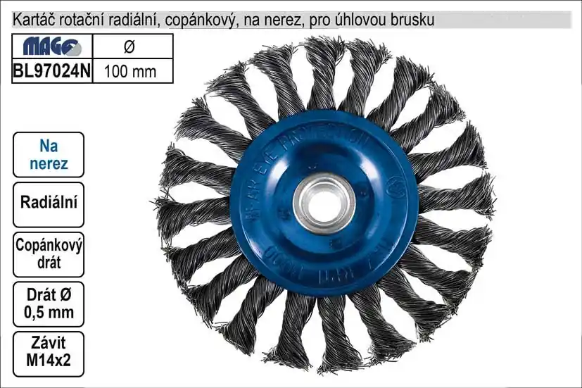 Kartáč rotační na nerez radiální 100mm copánkový pro úhlovou brusku - Premium
