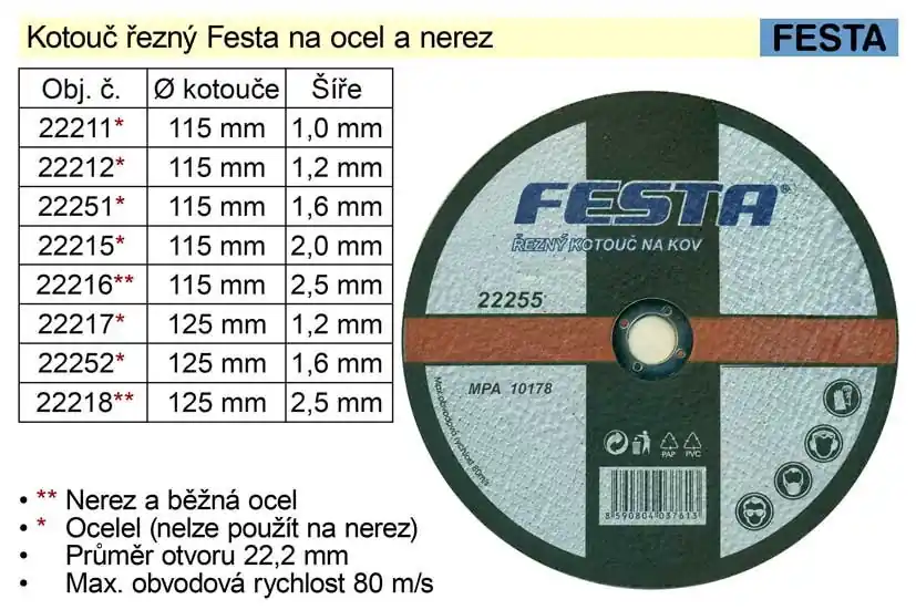 Zbývá jen pár kusů | Kotouč řezný na ocel Festa 125x2,5mm