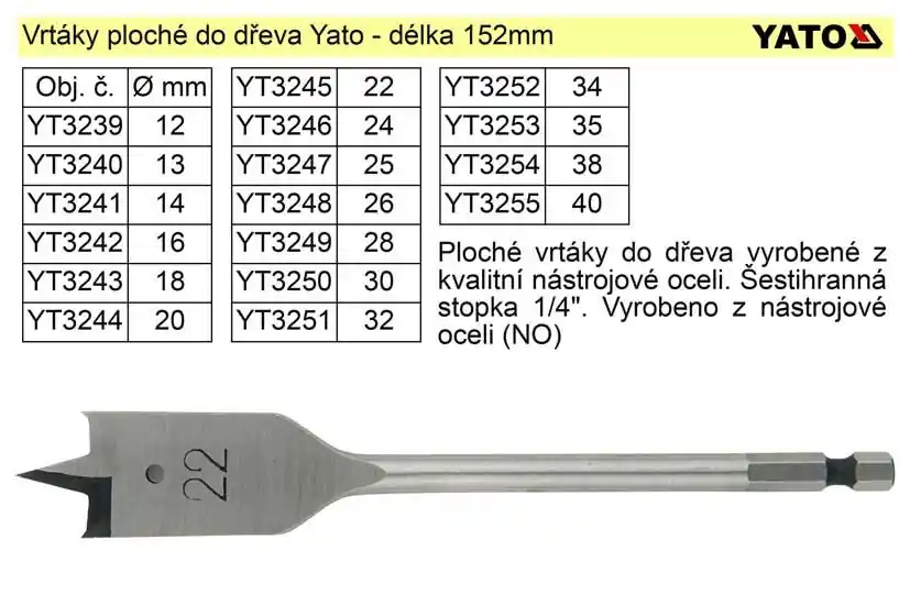 Vrták plochý průměr 28mm do dřeva Yato | Nyní k dispozici