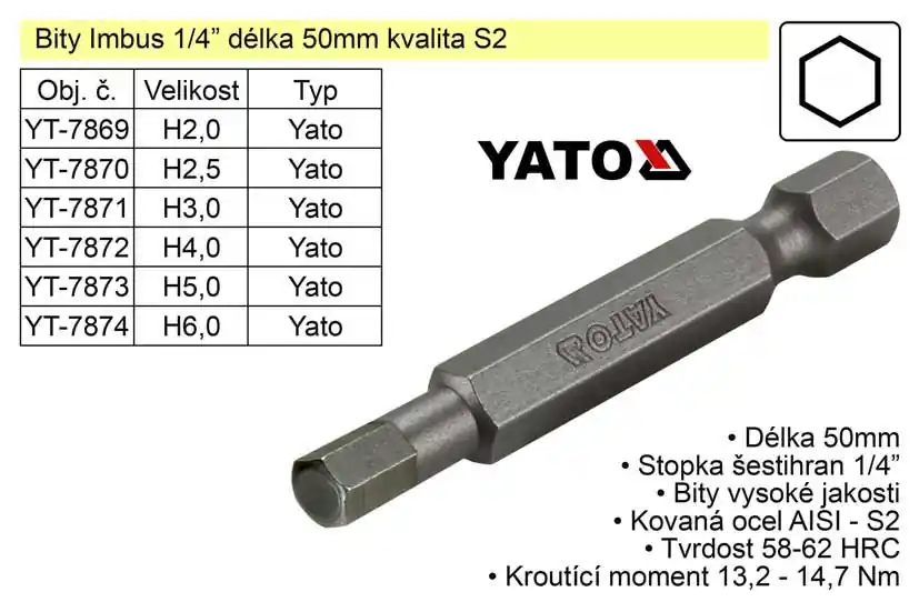 Bit Imbus H2x50mm 1/4‘ Yato | Ihned k dispozici
