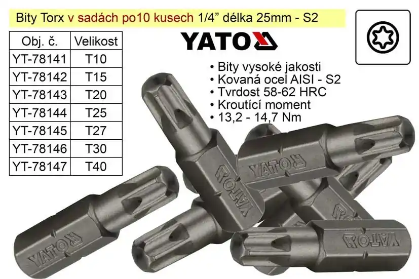 Bit Torx T25x25mm 1/4‘ sada 10 kusů YT-78144 - Nabídka
