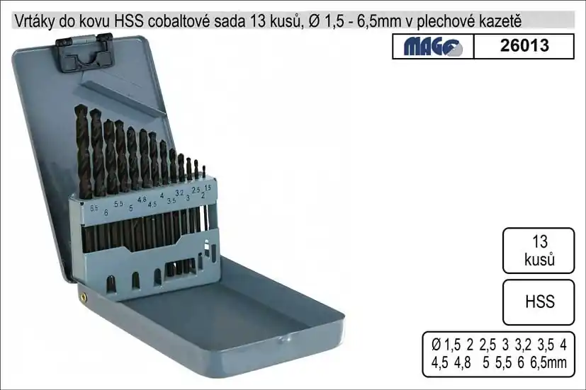 Vrtáky do kovu 1-6,5mm HSS 13 kusů v plechové kazet - Novinka