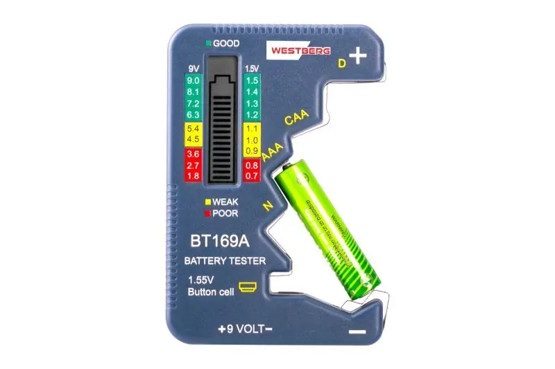 Ušetřete nyní - WESTBERG BT169A Digitální zkoušečka tester baterií 1,5V-9V C/AA/AAA/D/N/9V