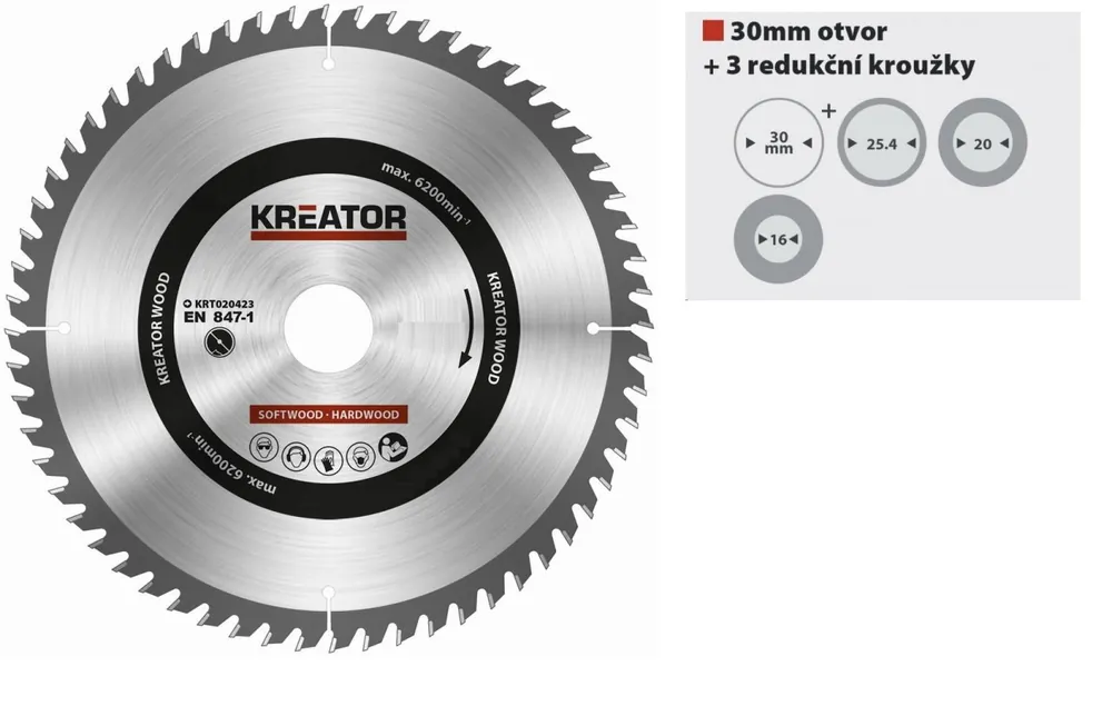 KREATOR kotouč pilový s SK plátky, 210x2,2x30 (+redukce 16/20/25,4mm), 24T zubů - Sleva