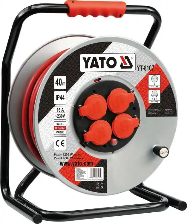 Zvýhodněná cena | YATO Prodlužovací kabel na cívce 40m, 230V 3x2,5mm, gumová izolace, 4 zásuvky YT-8107