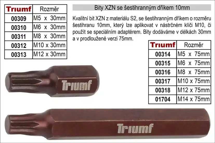 Cenová bomba - Bit XZN M10 se šestihranným dříkem 10mm, prodloužený délka 75mm