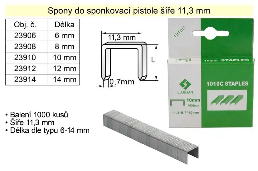 Spony do sponkovačky šíře 11,3 mm hranaté délka 8 mm balení 1000 kusů - Tovární cena