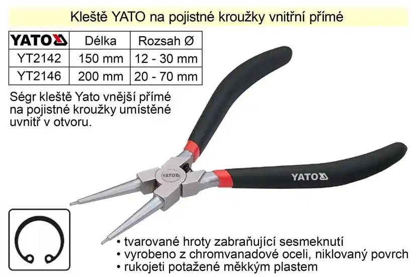 Kleště YATO na pojistné kroužky 150 mm vnitřní přímé - Doprodej