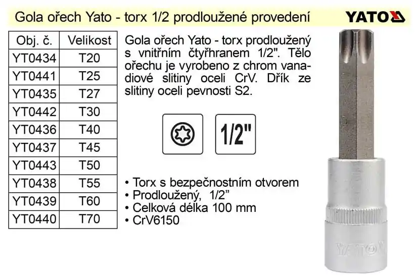 Gola ořech torx 1/2" prodloužený T50 | Téměř vyprodáno