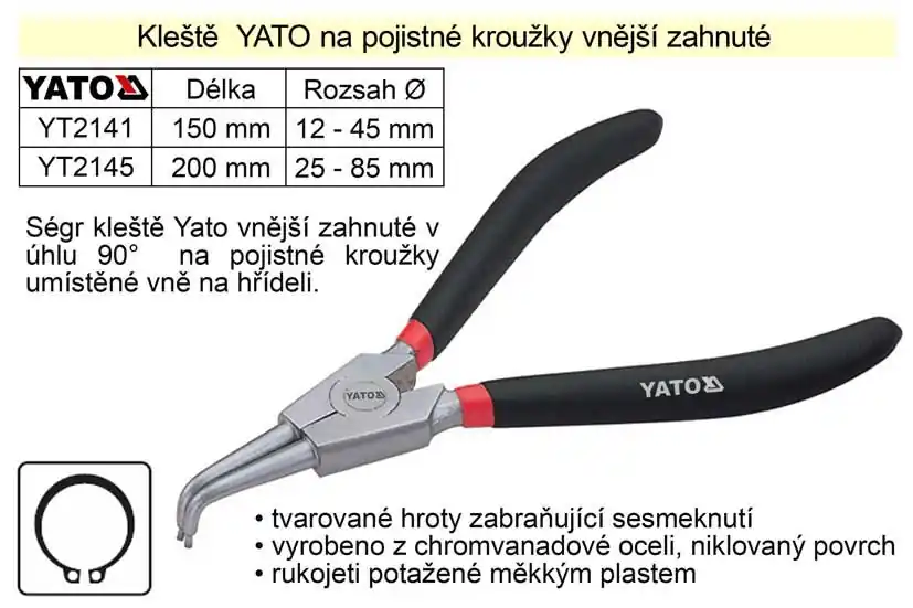 Koupit online - Kleště YATO na pojistné kroužky 150 mm vnější zahnuté