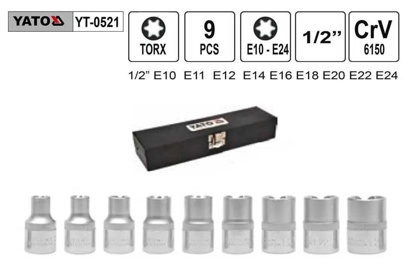 Rychlé odeslání - Nástrčné hlavice torx sada 9 kusů E10-E24 Yato