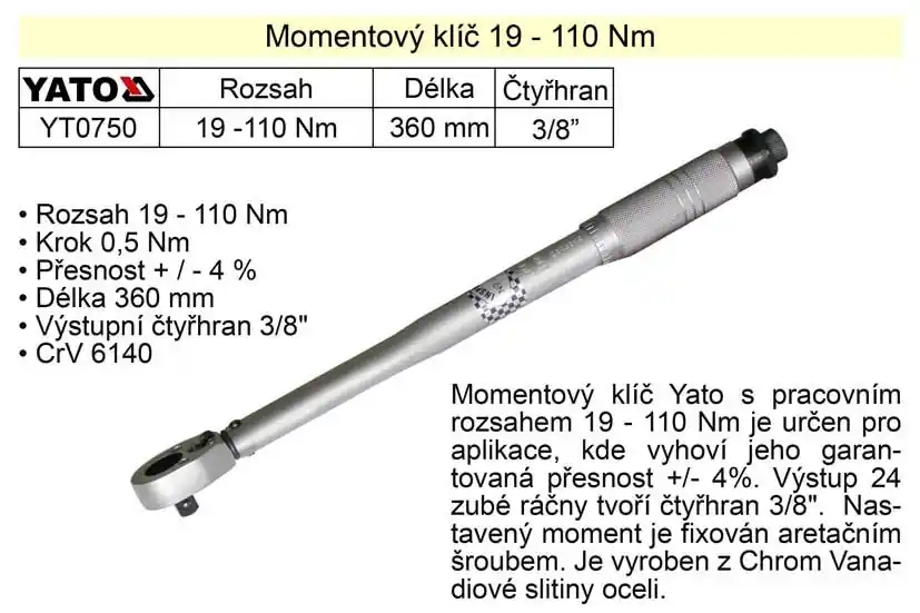 Momentový klíč ohybový 19 - 110 Nm 3/8" Yato - Mezi nejprodávanějšími