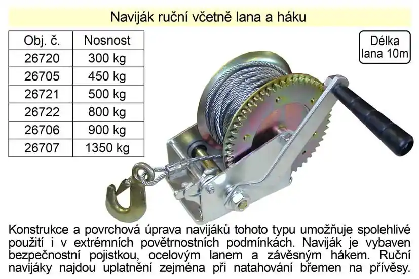 Právě uvedeno na trh - Naviják ruční včetně lana a háku, nosnost 270 kg