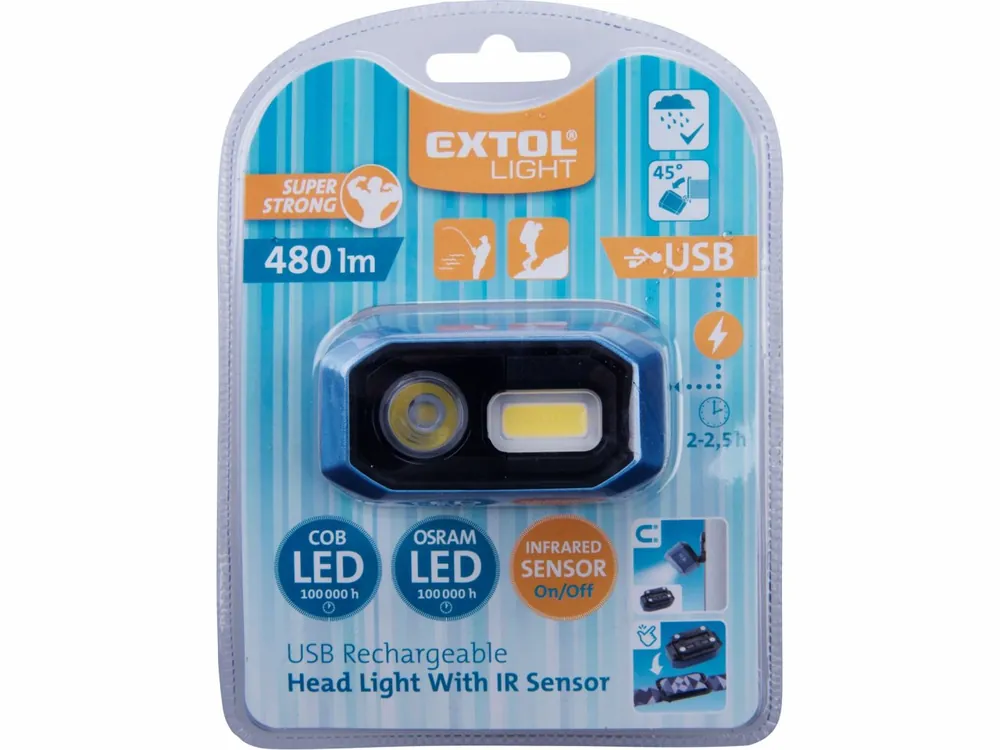 Extra sleva | EXTOL LIGHT čelovka 480lm, nabíjecí, USB, IR čidlo, OSRAM LED+COB LED