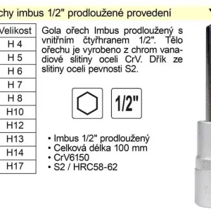 Výborné hodnocení - Gola ořech imbus 1/2" prodloužený H12