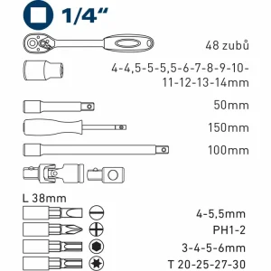Nabídka dne - hlavice nástrčné a zástrčné, sada 31ks, 1/4", 61CrV5, FORTUM