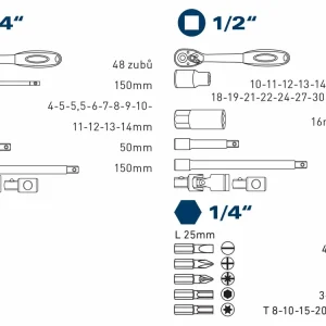 Poslední kusy | hlavice nástrčné, sada 60ks, 1/4", 1/2", 61CrV5, FORTUM