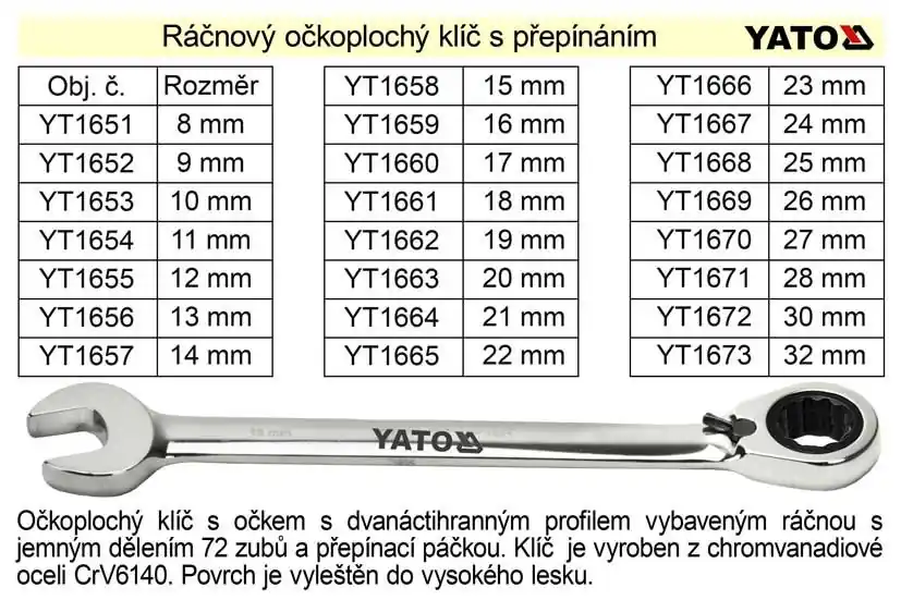 Do košíku - YATO Ráčnový klíč očkoplochý s přepínáním 12mm