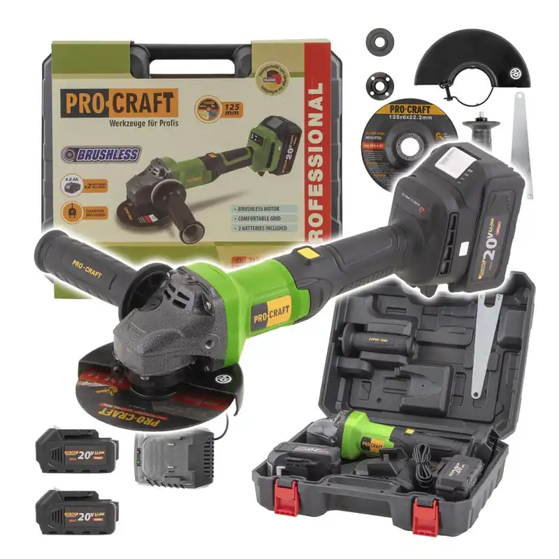 PROCRAFT PGA20 Aku úhlová bruska 125mm, bezuhlíková, 20V 2x4.0Ah, tlačítkový vypínač | Prodejní hit