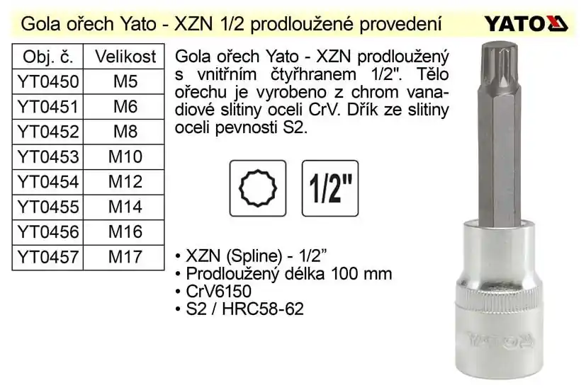 Akce | Gola ořech XZN M6 prodloužený 1/2" YT-04351
