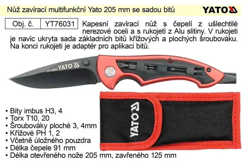 Nůž zavírací multifunkční Yato 205 mm se sadou bitů | Cenová bomba
