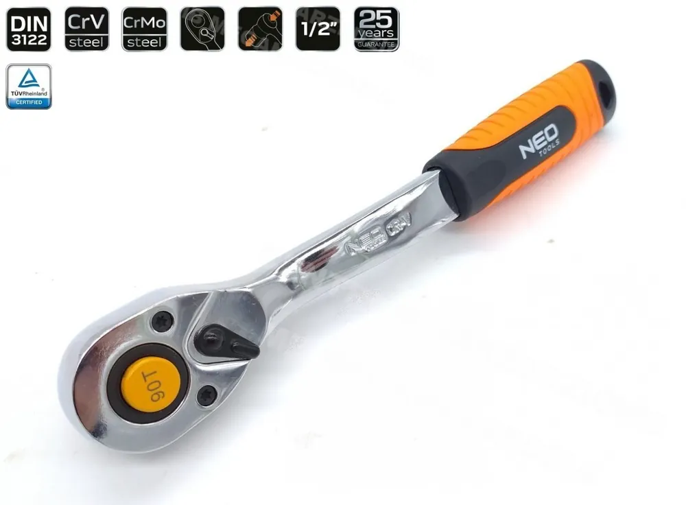 NEO TOOLS Ráčna 1/2" s páčkou, jemný chod 90 zubů, 250mm | Přímo z továrny