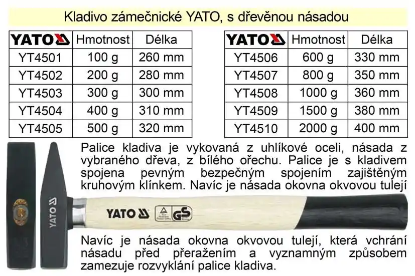 Kladivo zámečnické YATO s dřevěnou okovanou násadou 1000g - Vysoká kvalita