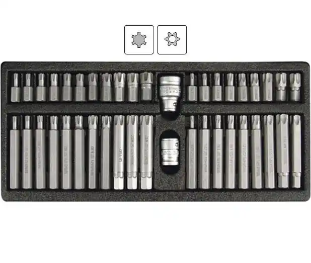 Bity Torx (vrtané) a Ribe (hranaté Torxy), sada 42 dílů, pro ráčny 3/8" a 1/2", Yato - Prodejní hit