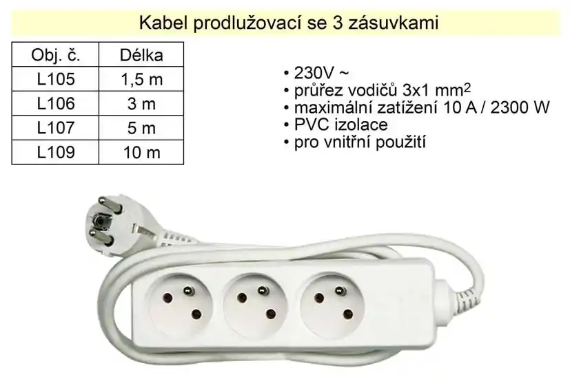 Prodlužovací kabel 3 zásuvky délka 5 m - Jen pár kusů