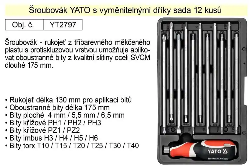 Připraveno k expedici | Šroubovák s vyměnitelnými prodlouženými bity Yato sada 12 kusů