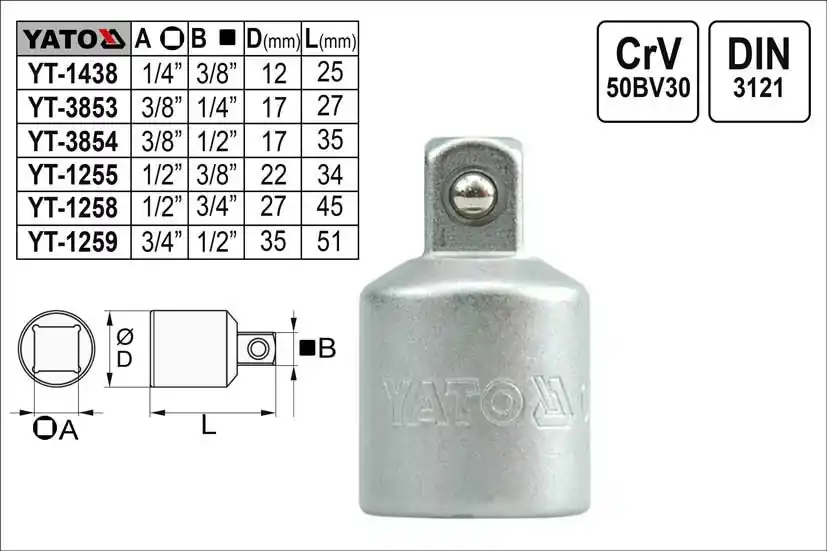 Redukce YATO vnější čtyřhran 1/2" - vnitřní čtyřhran 3/8" | Končí brzy